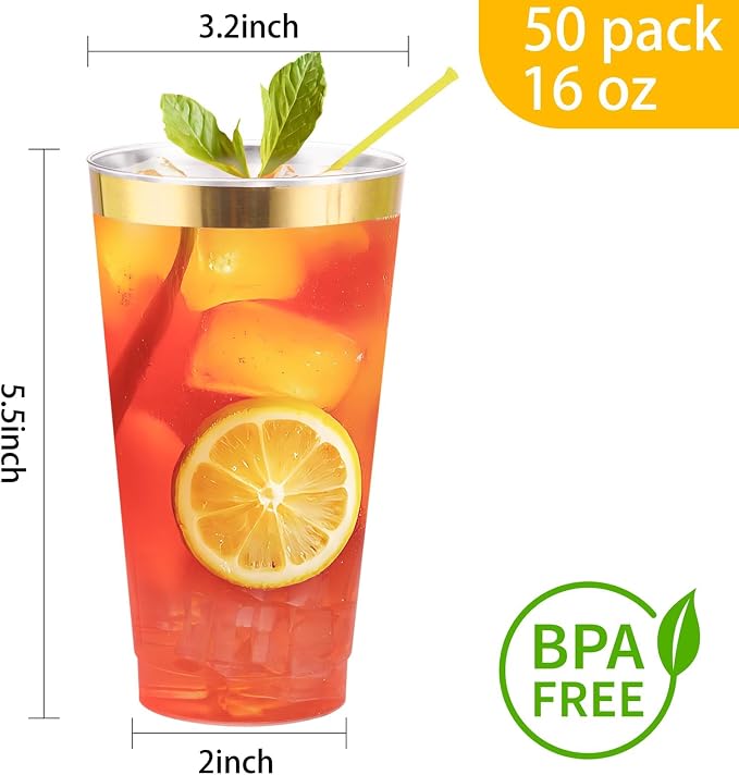 I00000 16 oz Gold Plastic Cups, 50 Pack Clear Plastic Cups Tumblers Gold Rimmed - Image 4