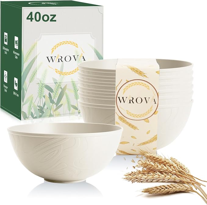 Beige Wheat Straw Bowls for Cereal and Salad, Alternative Plastic Bowls Set of 6 by WROVA