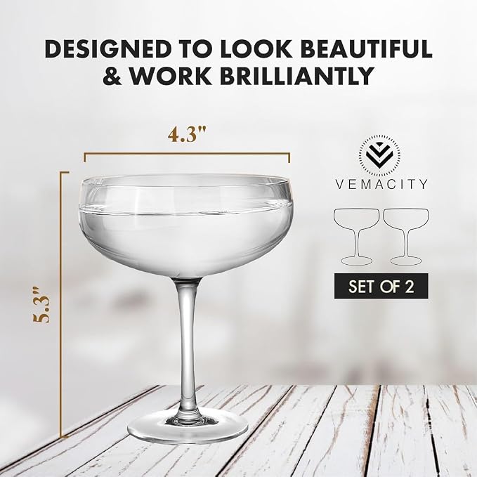 VEMACITY - Elegant Handblown Coupe Cocktail Glasses Set of 2 - Crystal Espresso - Image 6