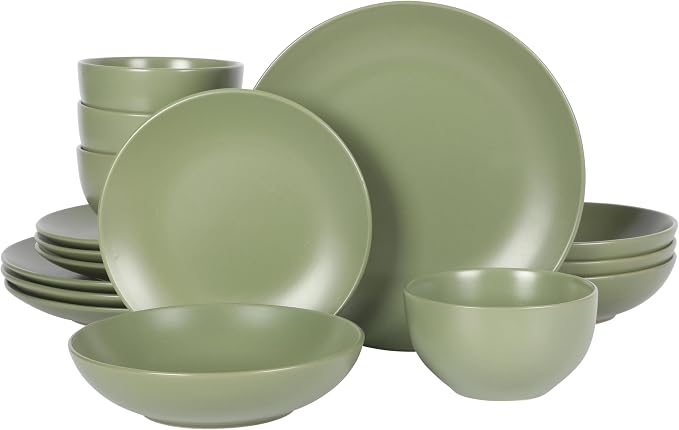 Gibson Home Queenslane 16-Piece Matte Green Stoneware Dinnerware Set – Double by GibsonHomewares