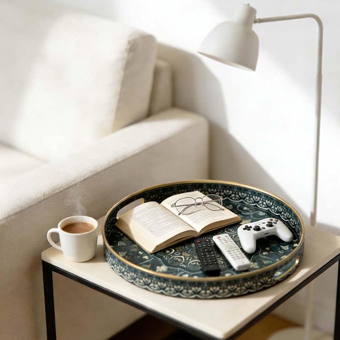 Round Serving Tray with Handles | Plastic Ottoman Tray Coffee Table Tray - Image 6