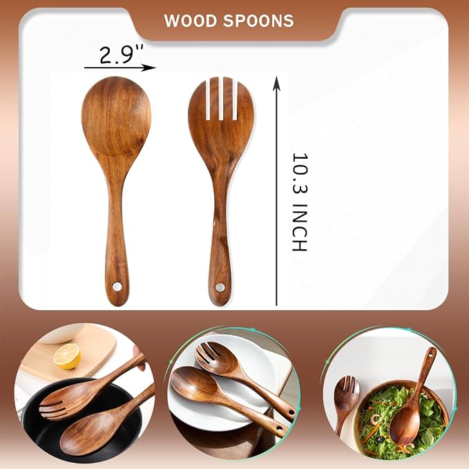 Teak Wood Salad Serving Spoon and Spork 10.2-Inch, Wooden Salad Server Set of 2 - Image 3
