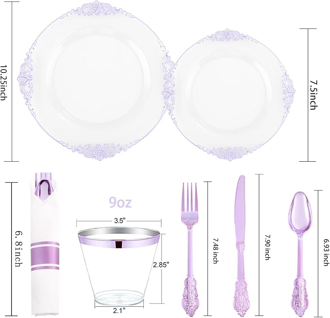175 Pcs Clear Purple Plates for Party | Party Plates Set for 25 Guests - Image 5