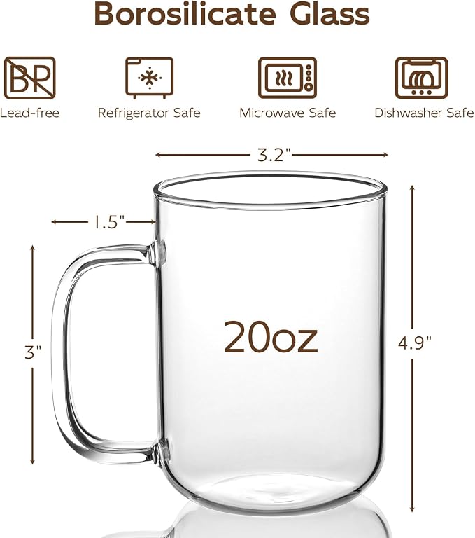 Glass Coffee Mugs, 20 oz Ice coffee cups, Large Clear Tea Cups Set of 2 - Image 3