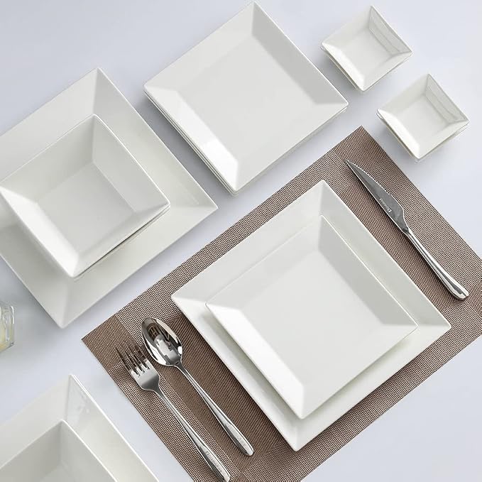 Off-White Porcelain Dinnerware Set, Square Dishes Set - Image 4