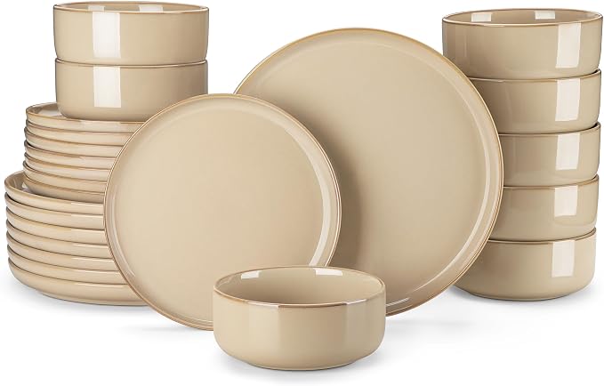 vancasso PLAYA Ceramic Plates and Bowls Sets, 24 Pieces Brown Dinnerware Sets by vancasso