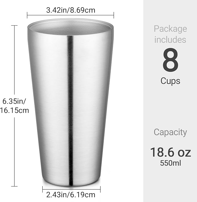 Beasea Stainless Steel Cups 19 oz, 8 Pack Large 18.6oz 550ml Stainless Steel - Image 2