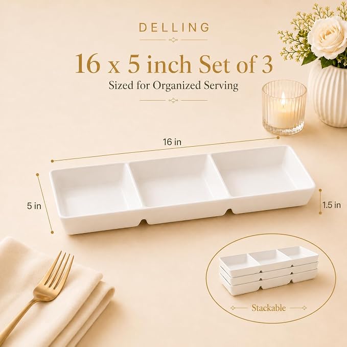 DELLING 16x5 Inch Ceramic 3-Section Serving Tray Set of 3, Stackable Divided - Image 3