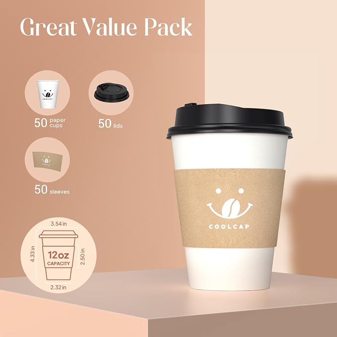 Coffee Cups with Lids and Sleeves, 12 Ounce 50 pack To Go Coffee Cups with Lids - Image 2
