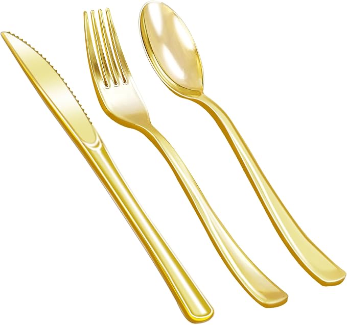 Zcaukya 200 Pieces Gold Plastic Silverware Set | Disposable Cutlery, 100 Forks - Image 8