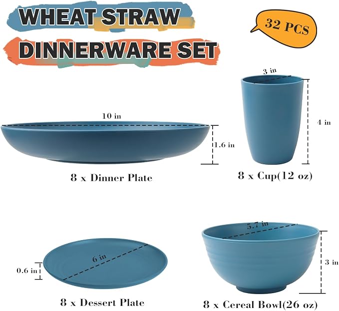 Wheat Straw Dinnerware Sets, Unbreakable Lightweight Reusable Plates and Bowls - Image 2