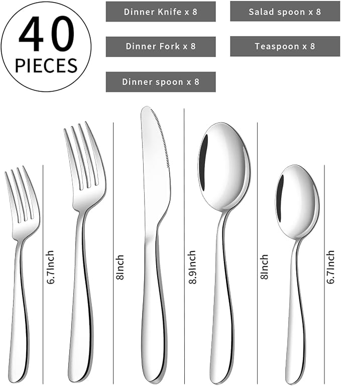 40-piece Silverware Set for 8, Stainless Steel Flatware Cutlery Set, Kitchen - Image 2