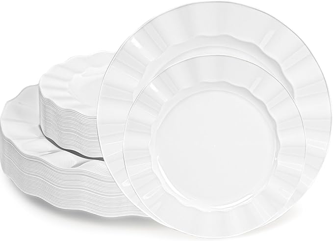 60 Pcs White Plates, Wave Edge Design Disposable Plastic Plates | Disposable by NZVCNTableware