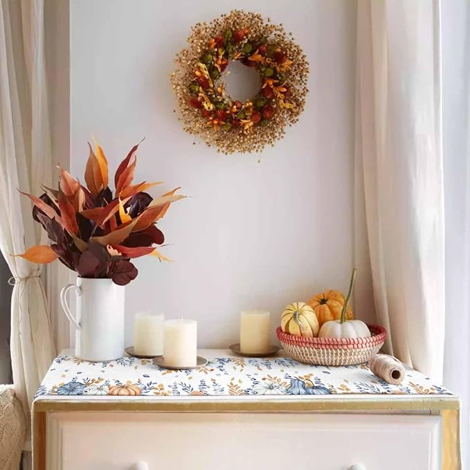 Blue Pumpkin Fall Table Runner 120 Inches Long, Thanksgiving Floral Eucalyptus - Image 3