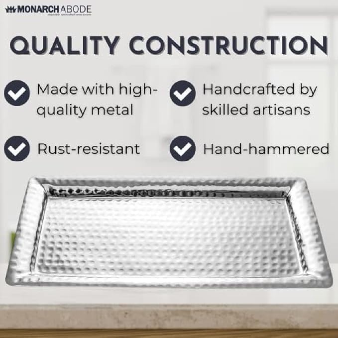 Monarch Abode Decorative Tray – 12-Inch Hand Hammered Nickel Finish Metal - Image 4
