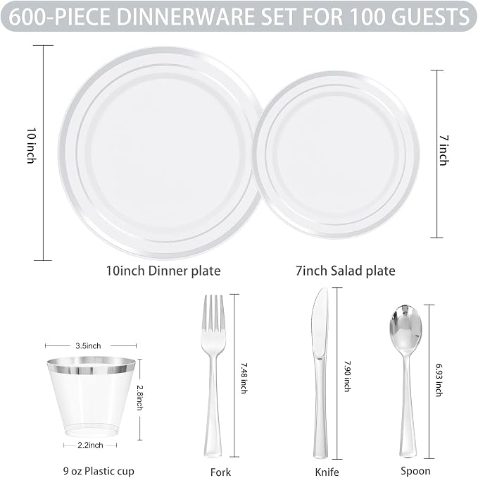 WELLIFE 600 PCS Silver Disposable Dinnerware Set - Image 6