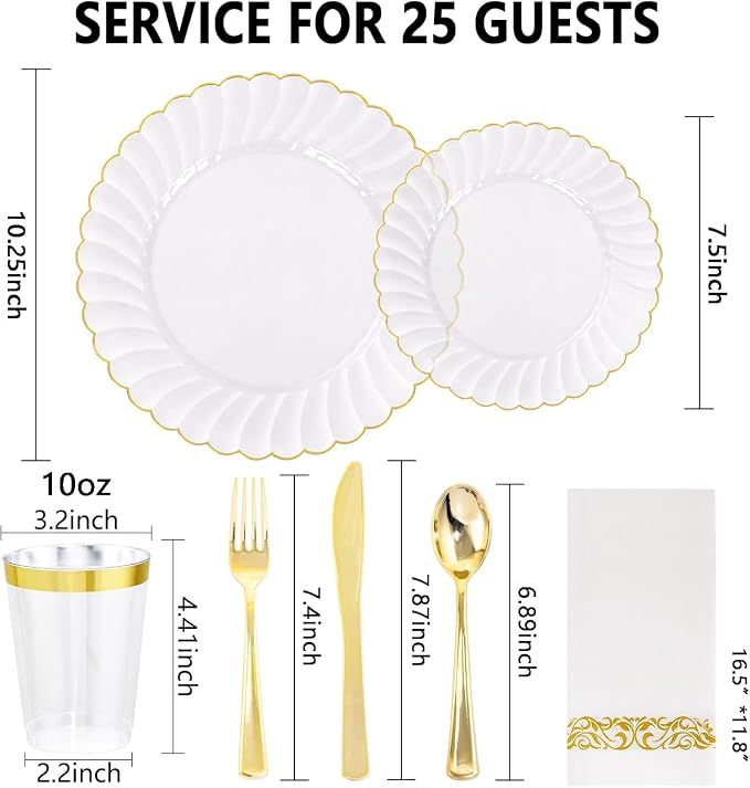 YOUBET 175PCS Clear and Gold Scalloped Plastic Plates - Image 2