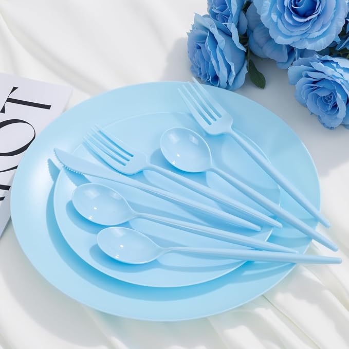 EI 150pcs Blue Plastic Plates Disposable Light Blue Baby Shower Plates Heavy - Image 3