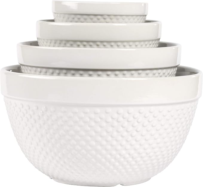 Tabletops Gallery Hobnail Style 4 Piece Classic White Stoneware Nesting Mixing by TabletopsGallery