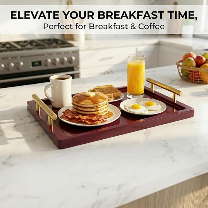 PEKER Wooden Serving Tray with Metal Handles, Ottoman & Home Décor, Wooden Food - Image 3