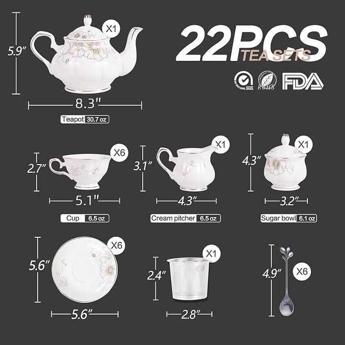 CHENP.HMC Tea Set 22-Piece Porcelain Ceramic Coffee | Tea Gift Sets Cups Saucer - Image 4