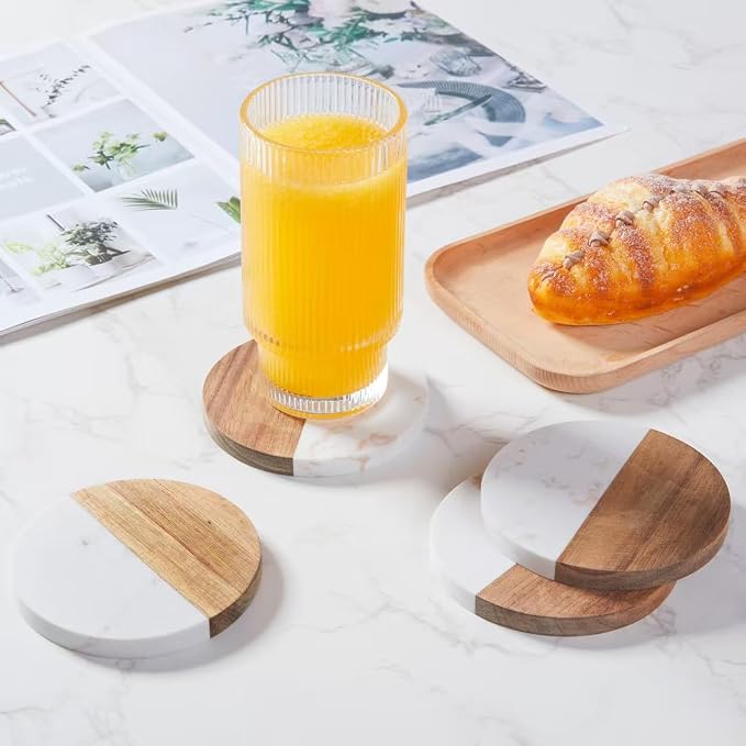 Coasters Set of 4 for Drinks, Marble-Wood Spliced Coaster for Tabletop - Image 6