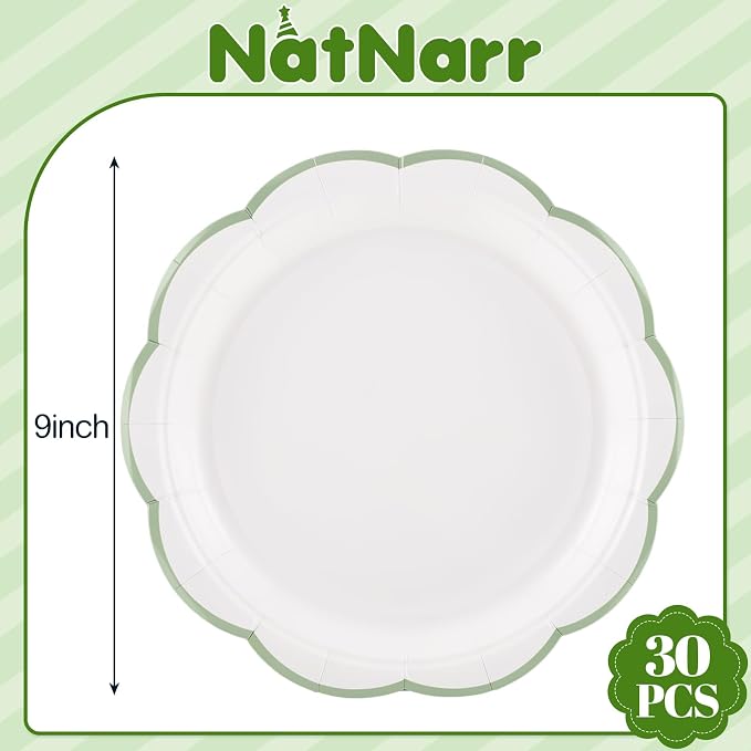 30 Pcs Sage Green and White Paper Plates 9 In White Plates - Image 2