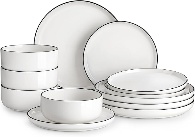 MALACASA Plates and Bowls Sets, 12 Pieces Modern Porcelain Dinnerware Set by MALACASA