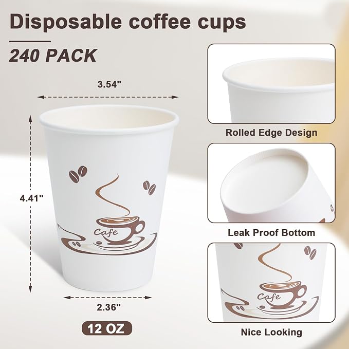 Lamosi 240 Pack 12 oz Coffee Cups, Disposable Paper Cups | Hot/Cold Beverage - Image 2