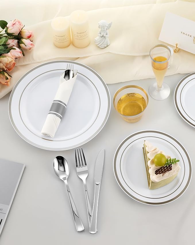 200 PCS Silver Dinnerware Set, Party Plastic Plates - Image 6