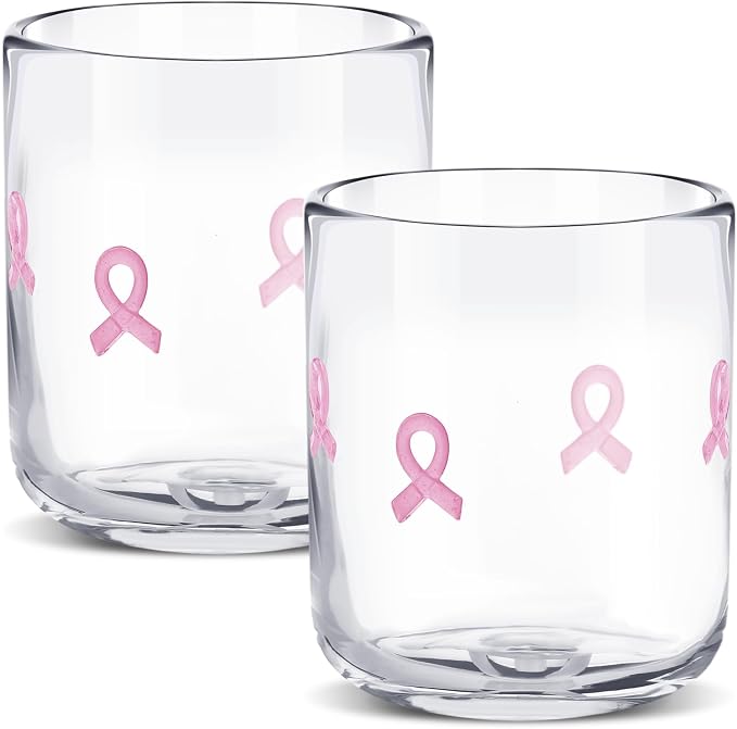 SiliFine 2 Pcs Pink Ribbon Icon Juice Glasses - 14oz Cancer Ribbon Stemless by SiliFine
