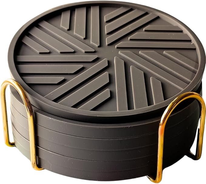 Silicone Coasters Set of 6, Groove Patterns & Gold Holder by Angardy+Homeware