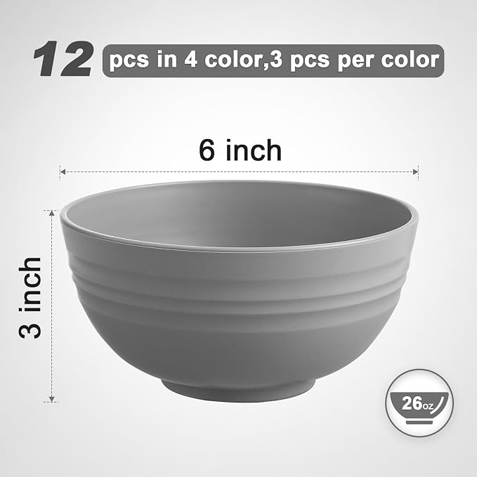 HEYCOME 12 Pcs Unbreakable Cereal Bowls Set, 26 Oz Wheat Straw Bowls Set - Image 2