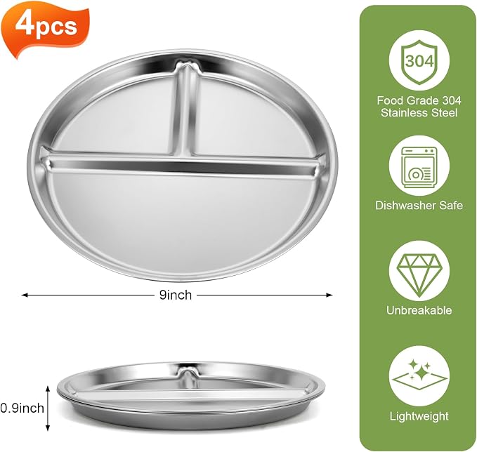 4pcs 304 Stainless Steel Kids Plates，9"Non-Toxic Circular Portion Control - Image 2
