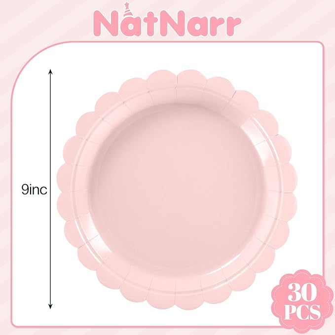 NatNarr 30 Pk Pink Paper Plates 9" Disposable Scalloped Pink Birthday Plate | - Image 2