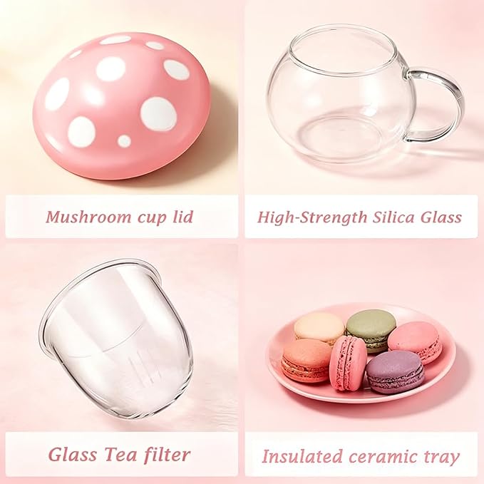 Mushroom Tea Cup Set, Cute Glass Tea Cups and Saucers, Kawaii Teacup - Image 4