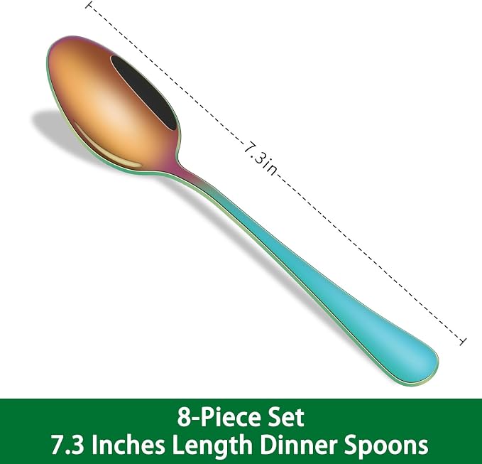 7.3 Inch Dinner Spoons Set, 8 Pieces Stainless Steel Tablespoons Set, Colorful - Image 2