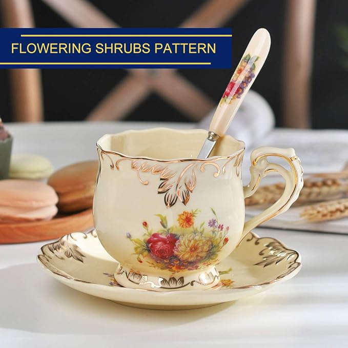 YOLIFE Tea Cups and Saucers Set of 6, 8 OZ Flowering Shrubs Coffee Cups | Ivory - Image 5