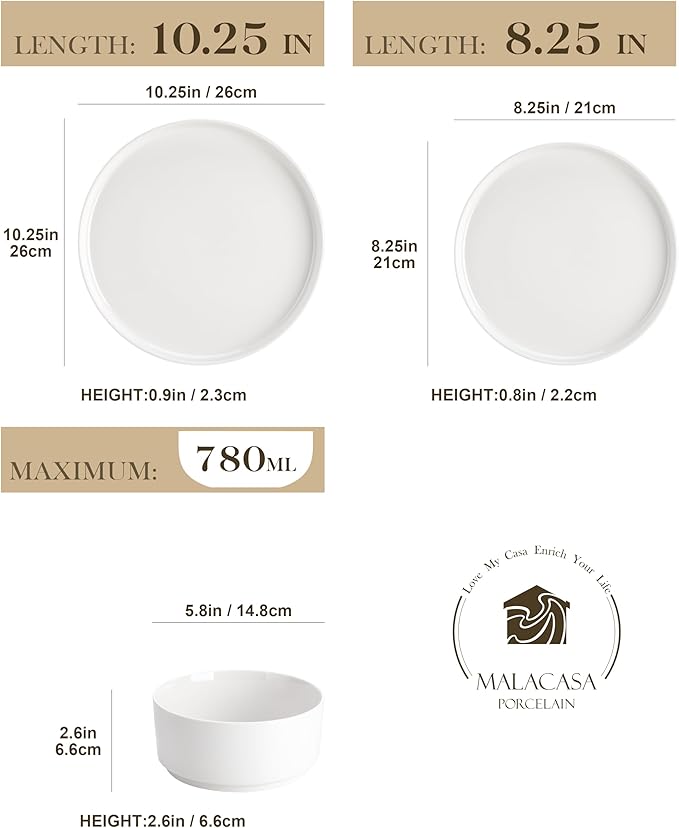 MALACASA 18 Pieces Porcelain Dinnerware Set, Modern White Dish Set - Image 2