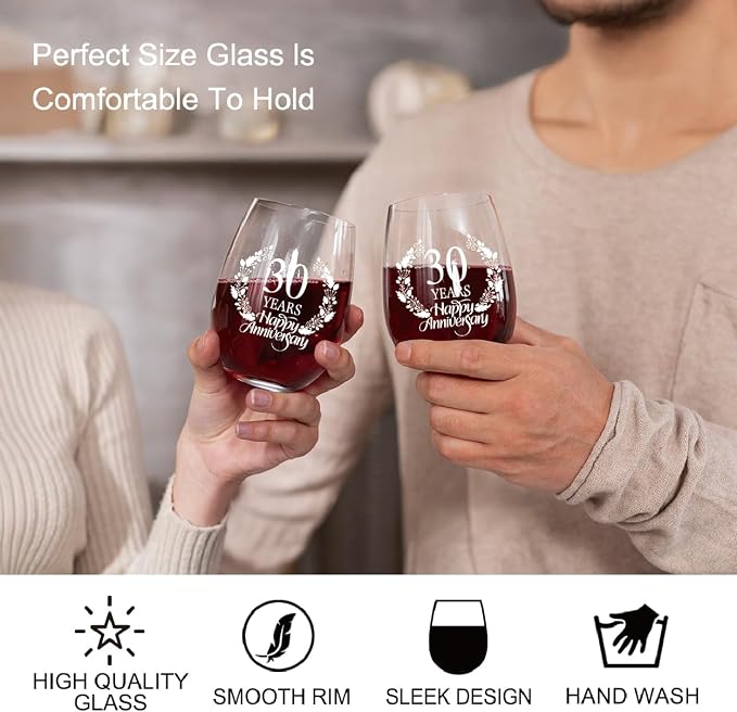 Perfectinsoy 30 Years Happy Anniversary Wine Glass Set of 2, 30th Anniversary - Image 5