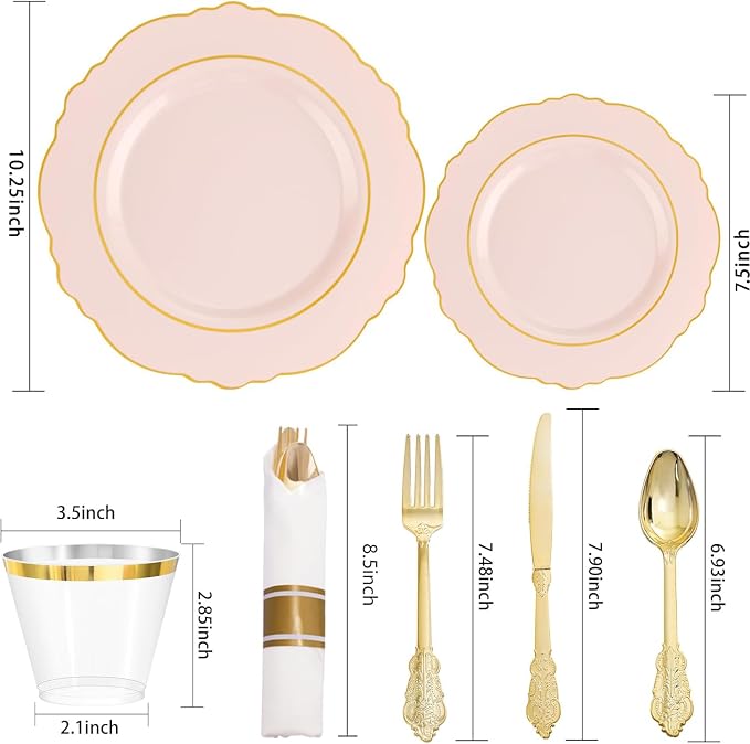 350PCS Pink Plates Disposable-PinK Plates 50guest Baroque Plastic Dinnerware - Image 8