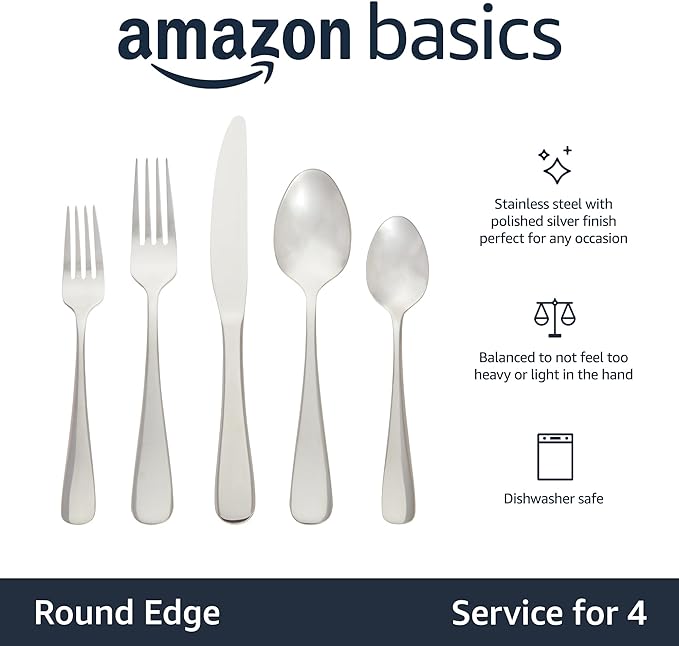 Amazon Basics Silverware Set, Stainless Steel Flatware, Dishwasher Safe - Image 2