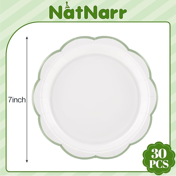 30 Pcs Sage Green and White Paper Plates, 7 In White Plates - Image 2