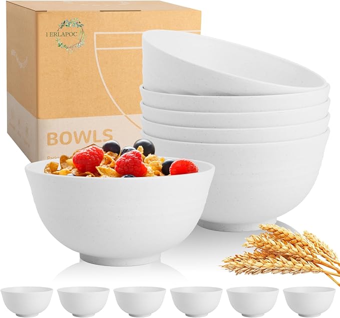 Wheat Straw Bowls 26 OZ, Plastic Bowls Reusable, Unbreakable Cereal Bowls Set by Perlapoc