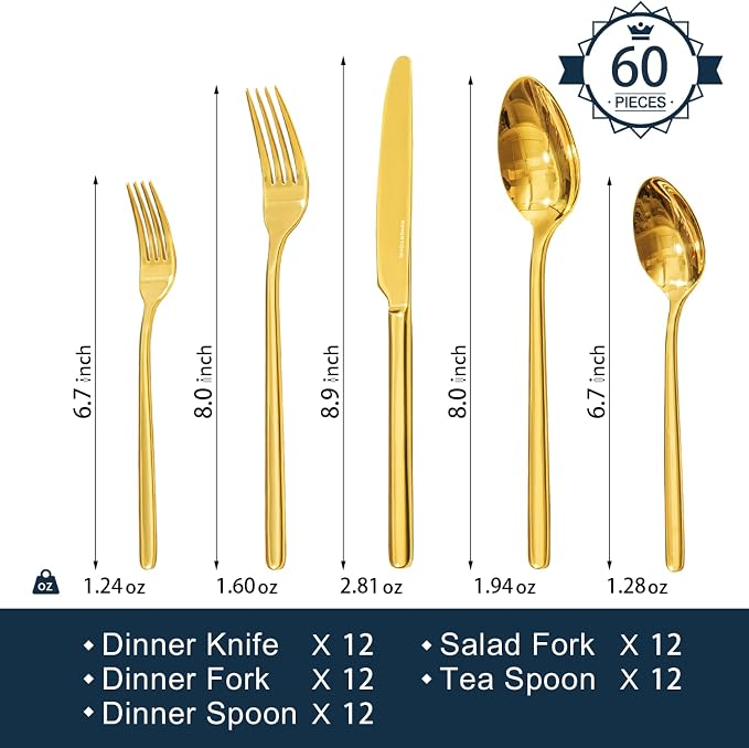 Gold Silverware Set, 60 Piece Flatware Cutlery Set - Image 2