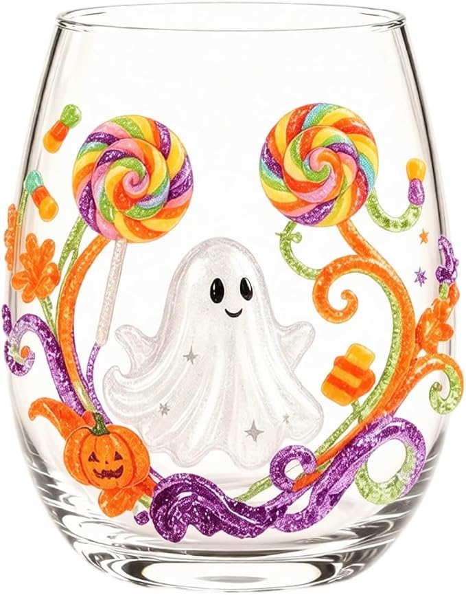 Halloween Printed Glass Cup, Ghost Pumpkin Themed Handleless Drinking Tumbler by Unknown