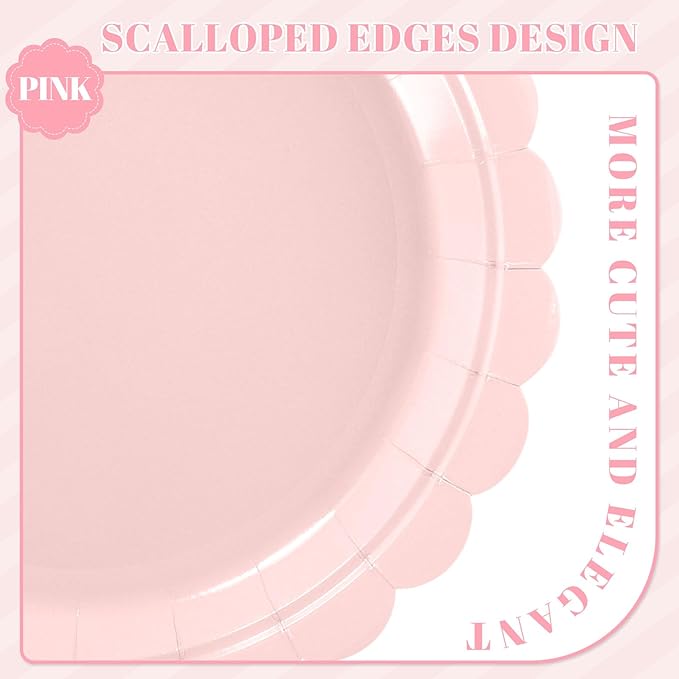 NatNarr 30 Pk Pink Paper Plates 9" Disposable Scalloped Pink Birthday Plate | - Image 3