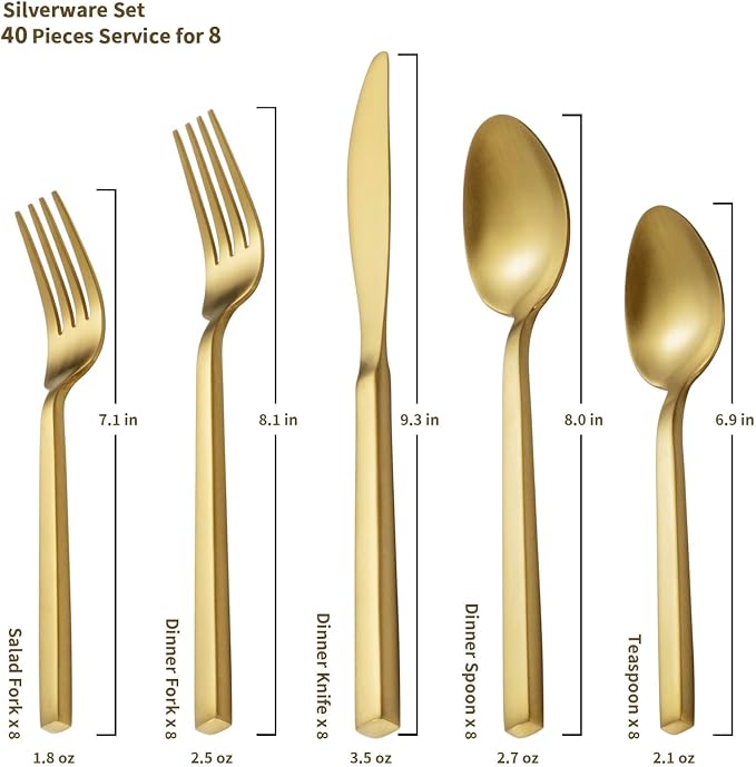 Alata Cube Matte Gold 40-Piece Flatware Set, Forged Cutlery Set, Service - Image 4