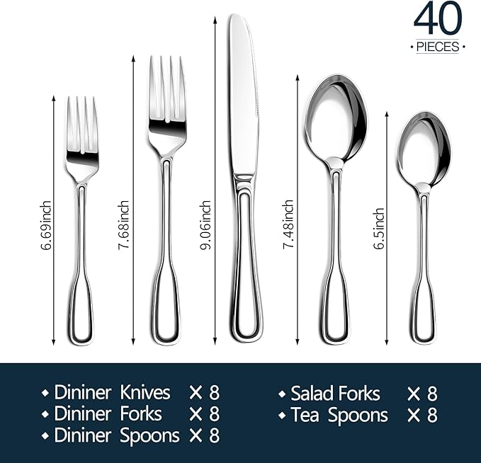 Silverware Set for 8, 40 Piece Utensils Stainless Steel Flatware Set | Boston - Image 6