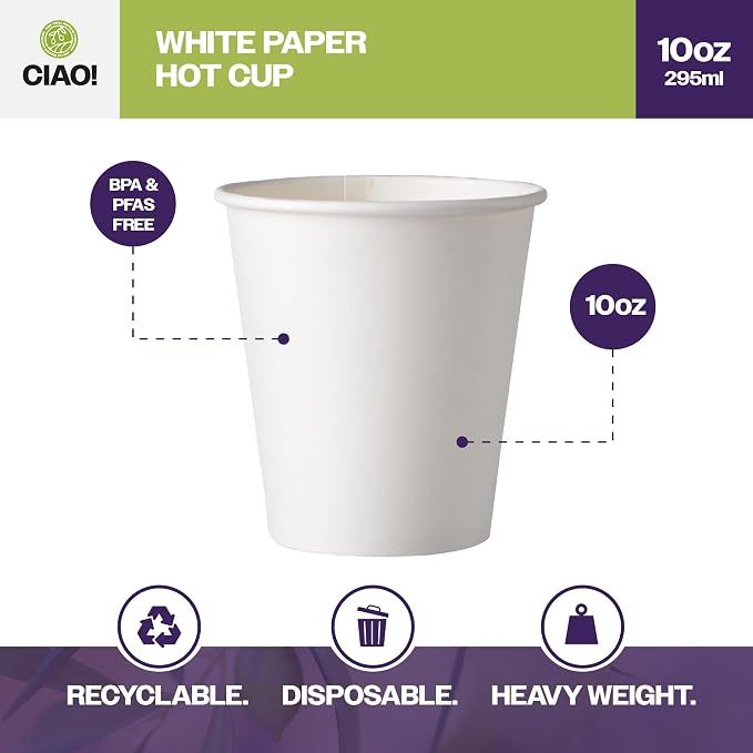 CIAO! 10oz White Paper Hot Cup, Disposable, 90mm Diameter 1 - Image 2